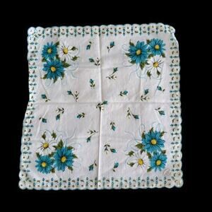 Vintage Hand Painted Hanky Blue White Daisy Scalloped Edge Handkerchief 1980s